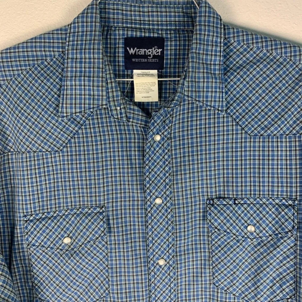 Lot of 2 Wrangler‎ 2XLT Tall Pearl Snap Western Shirts Blue Plaid Short Sleeves